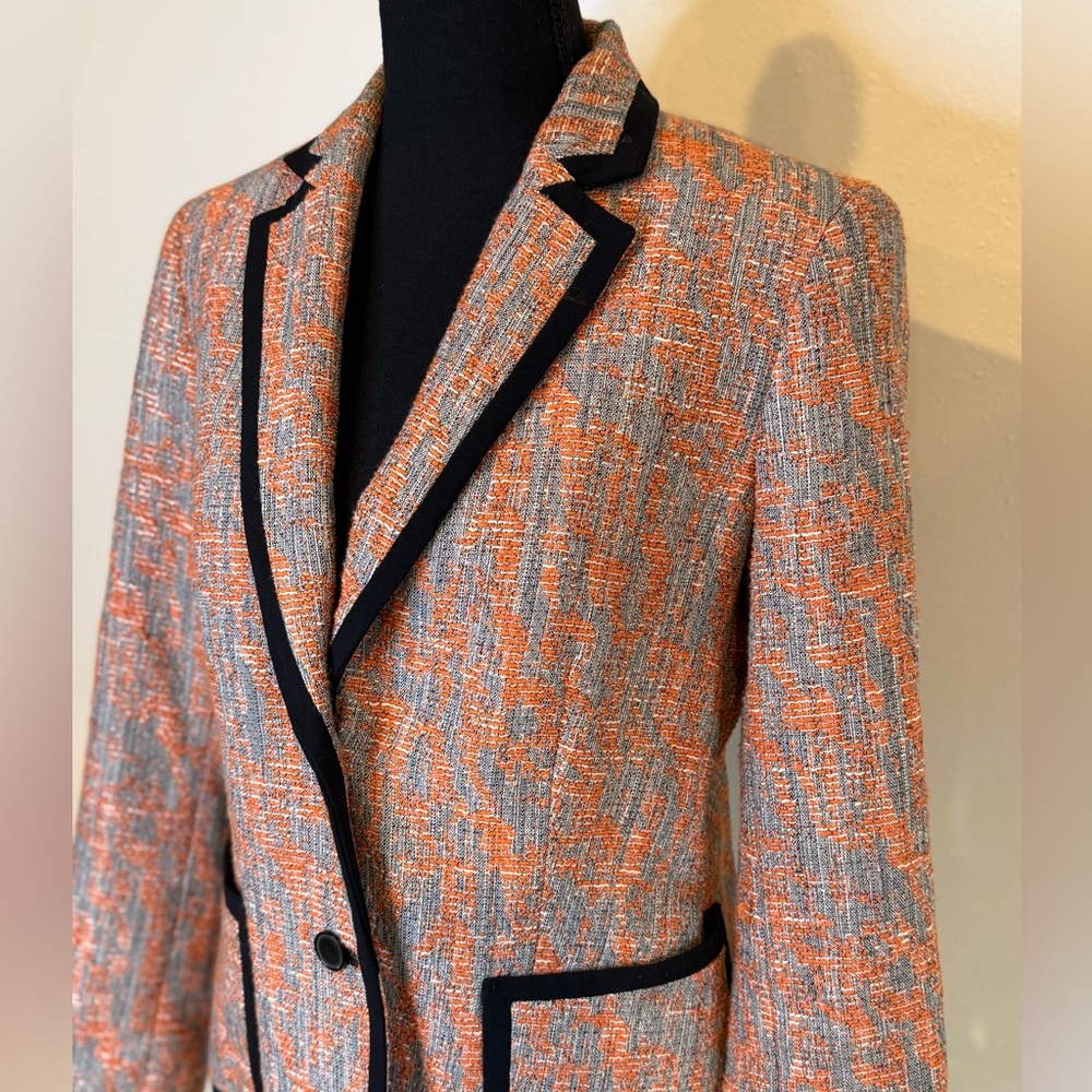 Anne Klein Tweed Blazer Size 6 Orange Gray Black Trim Tailored Jacket - Picture 2 of 7